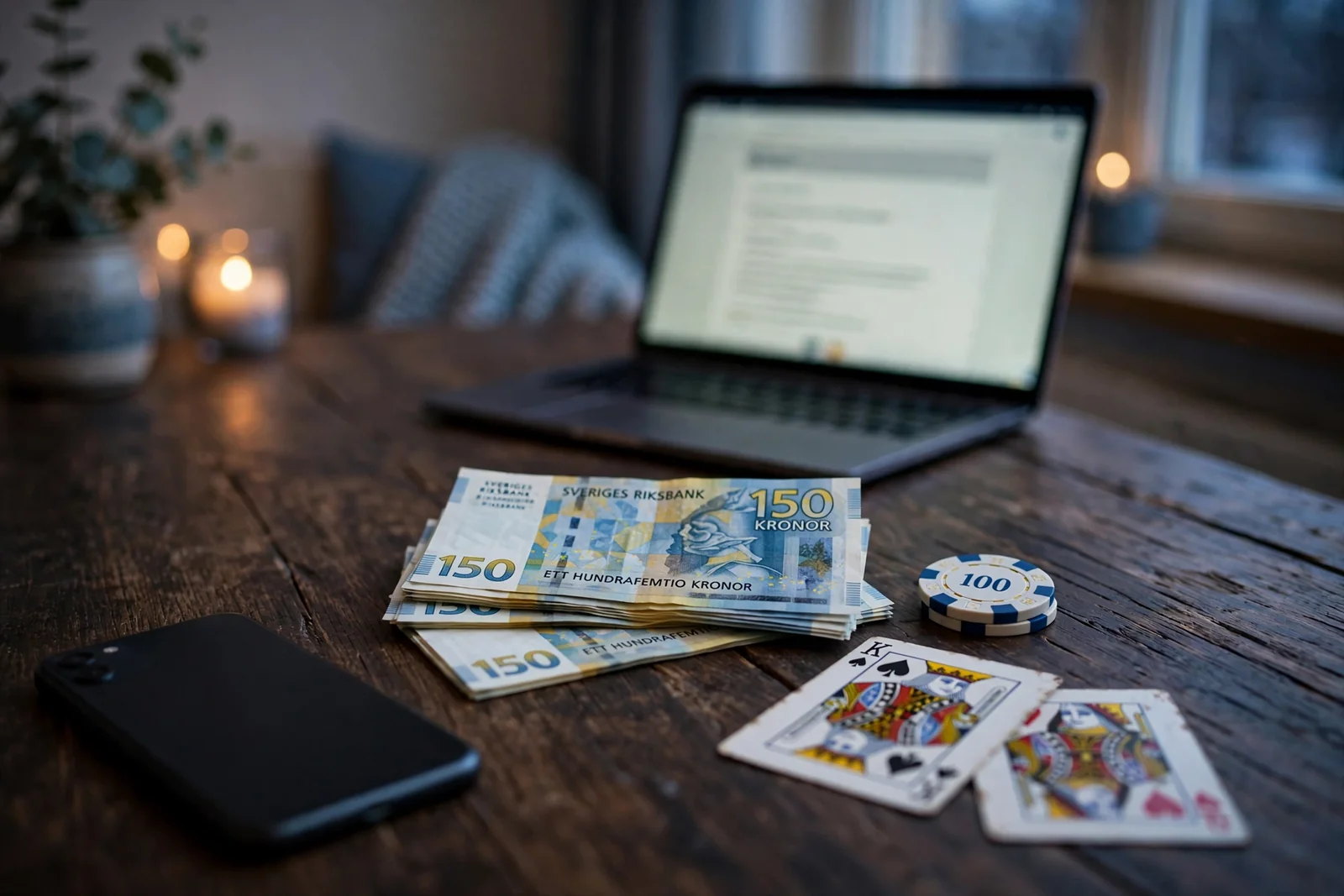Svensk 150-kronorssedel, casinoklimp och kort på ett träbord bredvid en avstängd telefon