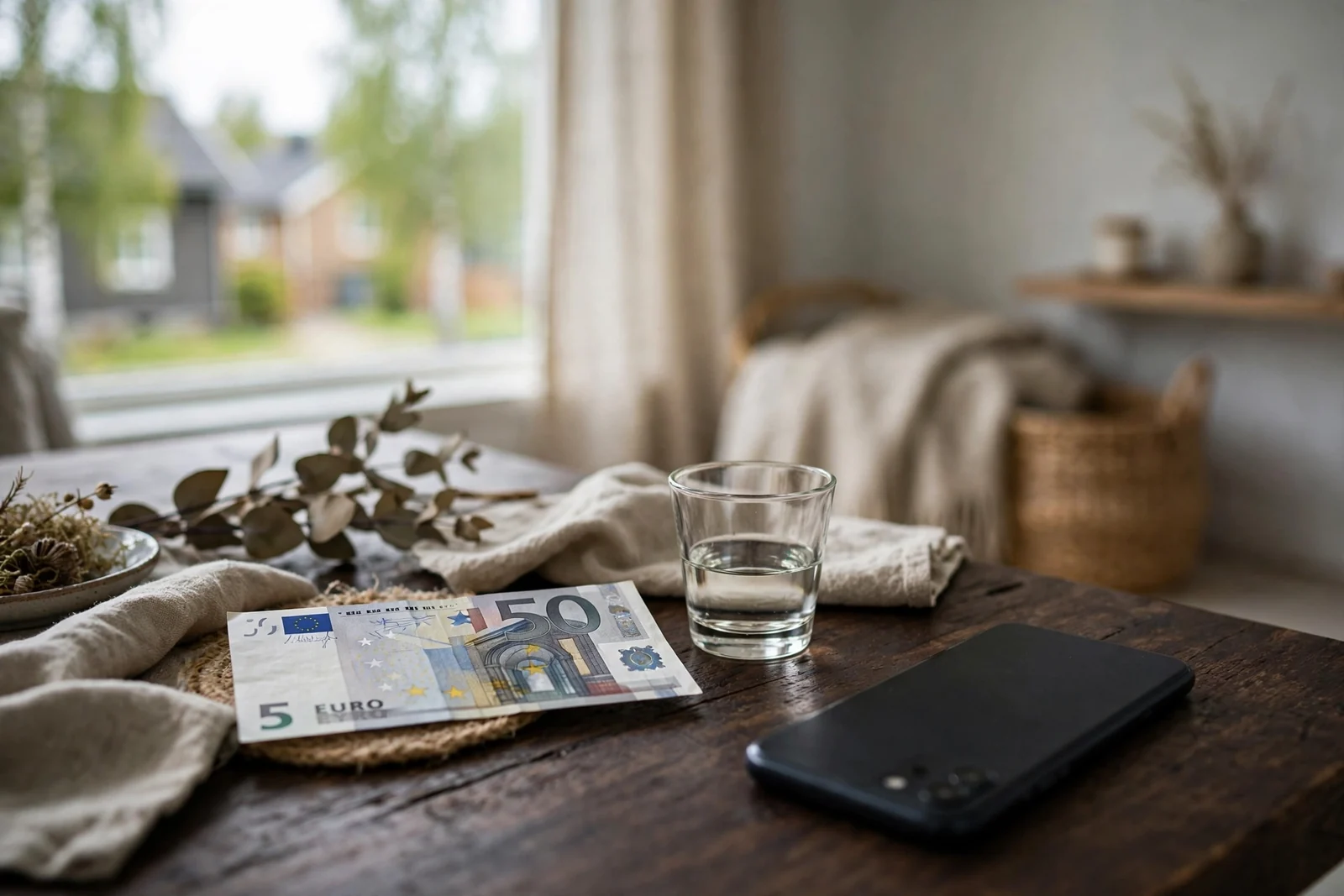 En femeurosedel på ett bord i en svensk vardagsrum bredvid en smartphone med skärmen nedåt.