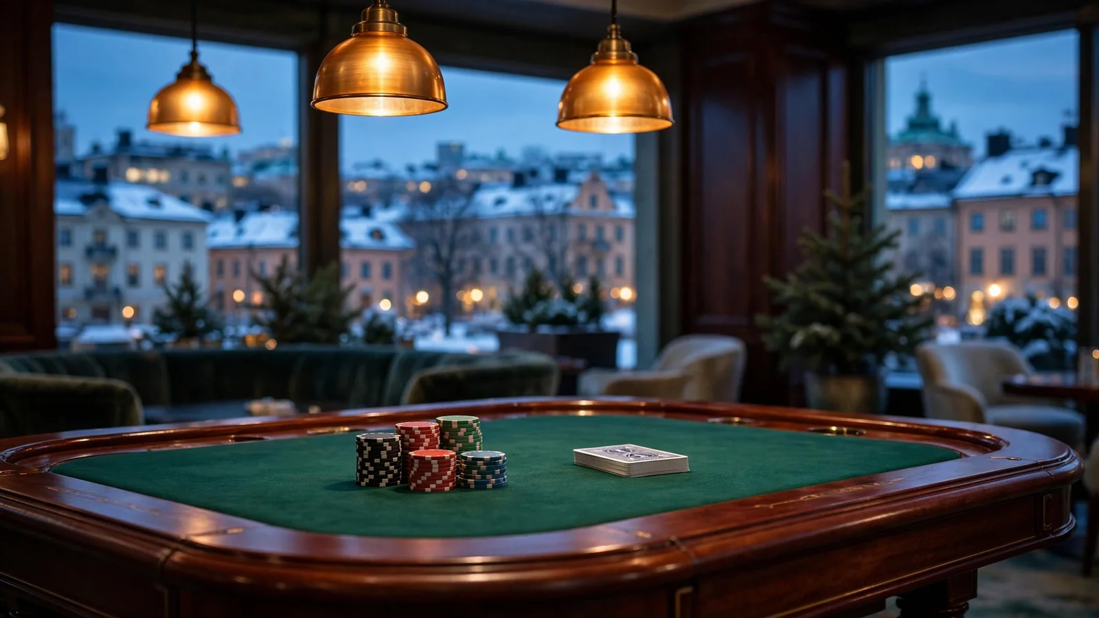Elegant svenskt casinorum med marker och kort i stearinljusets sken