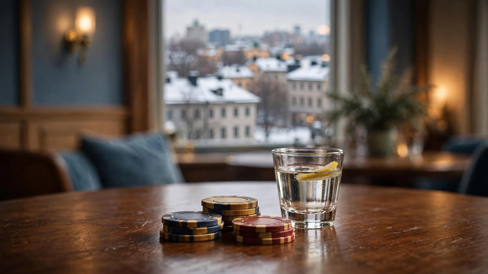 Elegant svensk casinobord med marker och varm belysning