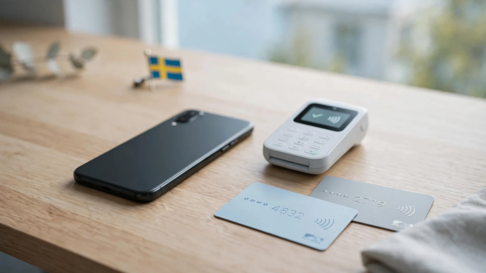 Smartphone, betalkort och betalterminal på ett skandinaviskt skrivbord