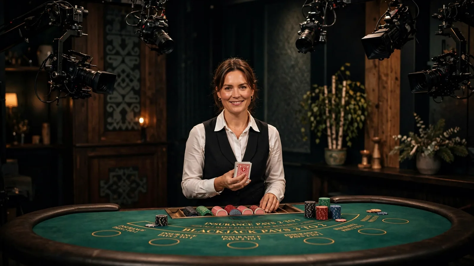 Live dealer vid ett blackjackbord i en professionell studio