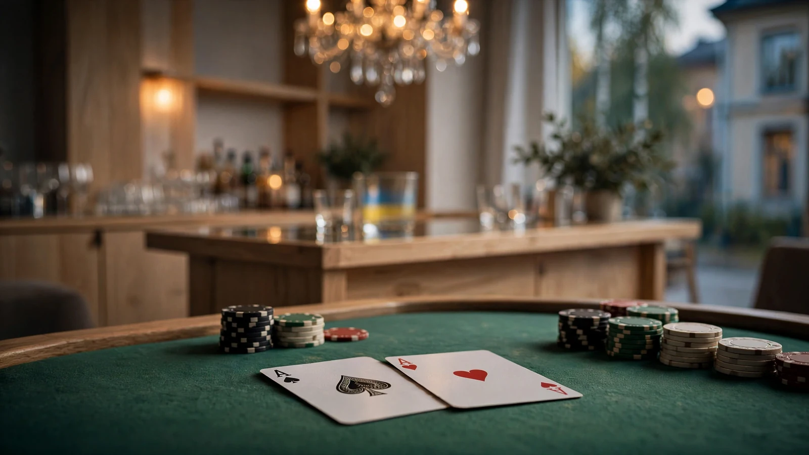 Casinobord med kort och marker i svensk inredning