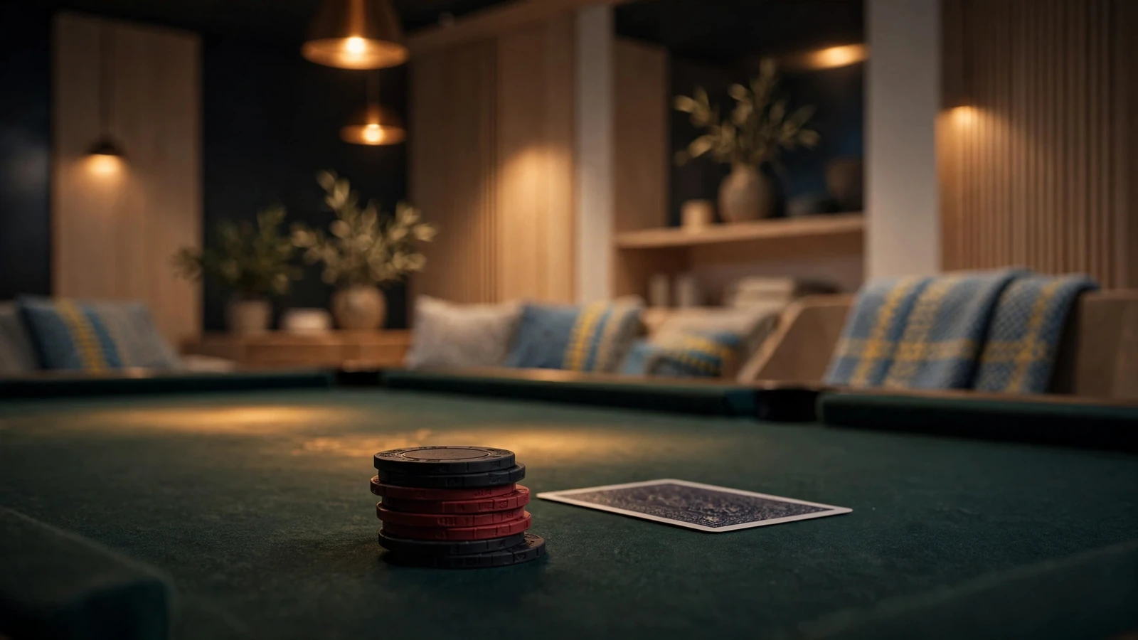Elegant skandinavisk lounge med casinomarker och ett kort på grönt filtbord
