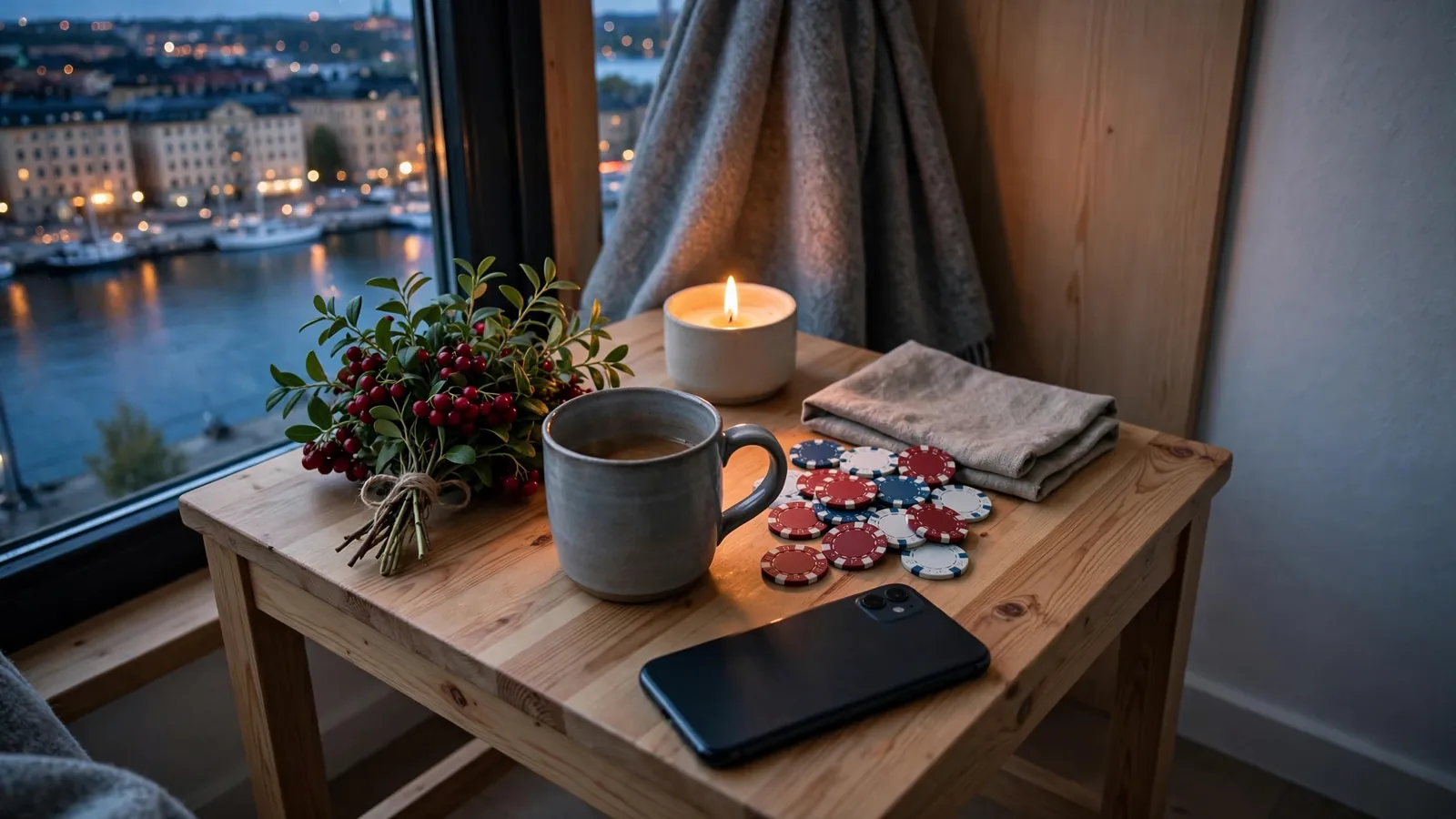 Skandinavisk varm hemmiljö med casinomarker och nedåtvänd telefon