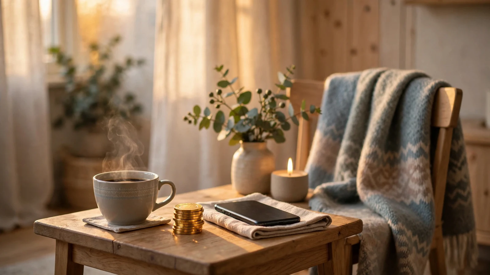 Mysigt skandinaviskt vardagsrum med kaffekopp och guldmarker i fönsterljus