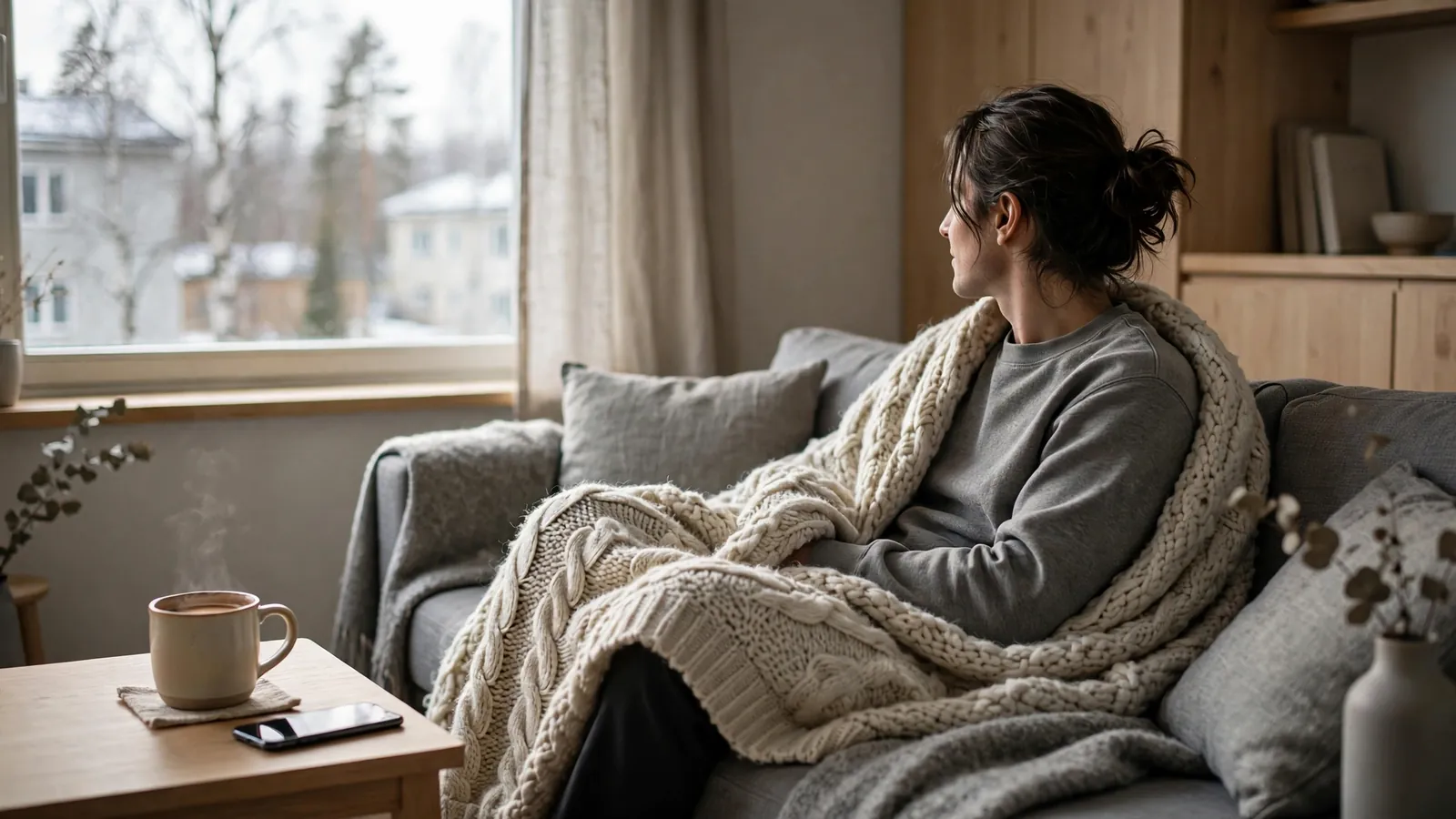 Person som kopplar av i en mysig svensk lägenhet med en varm kopp kaffe