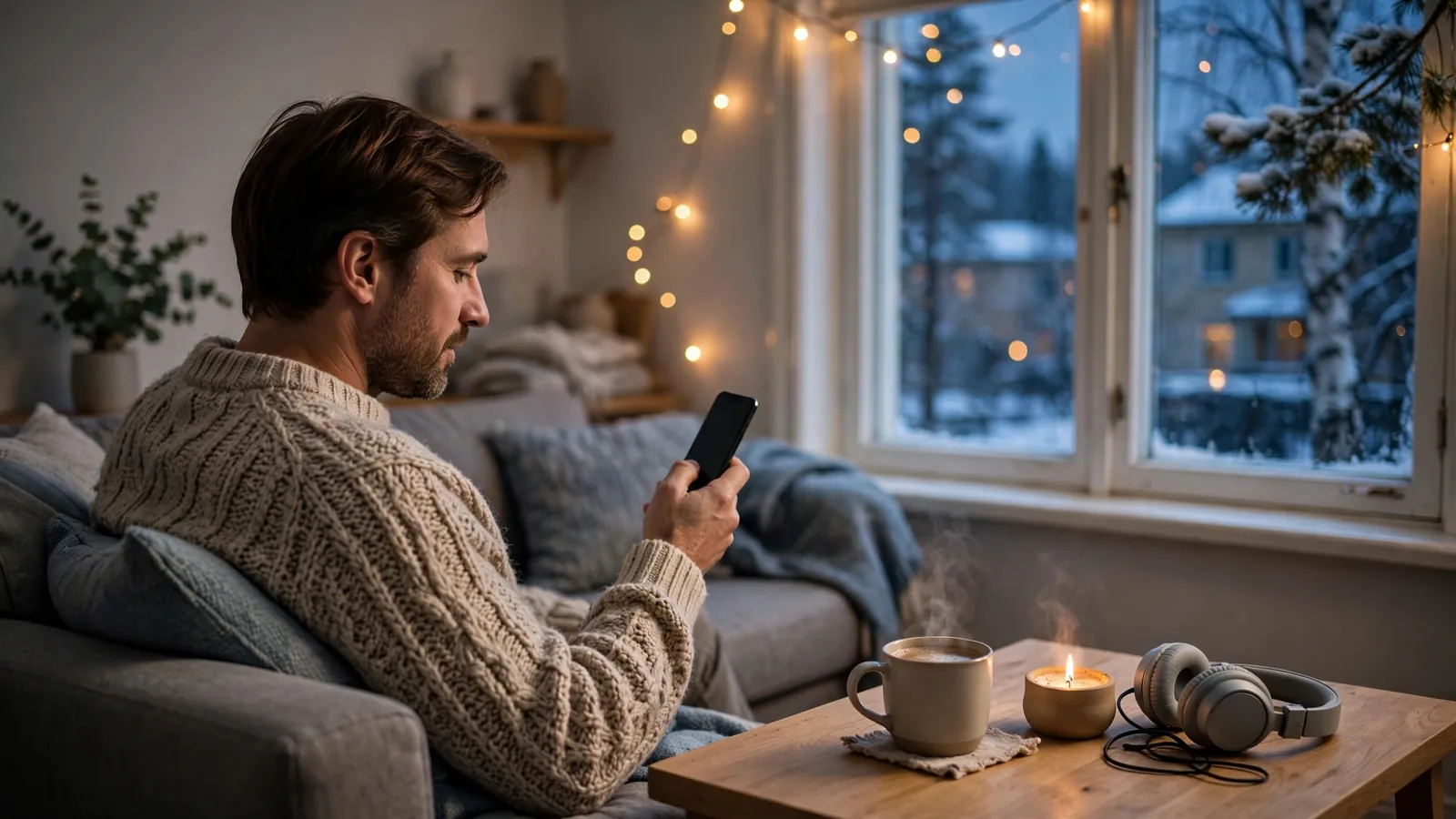 Person som kopplar av hemma med mobiltelefonen i svensk vardagsmiljö