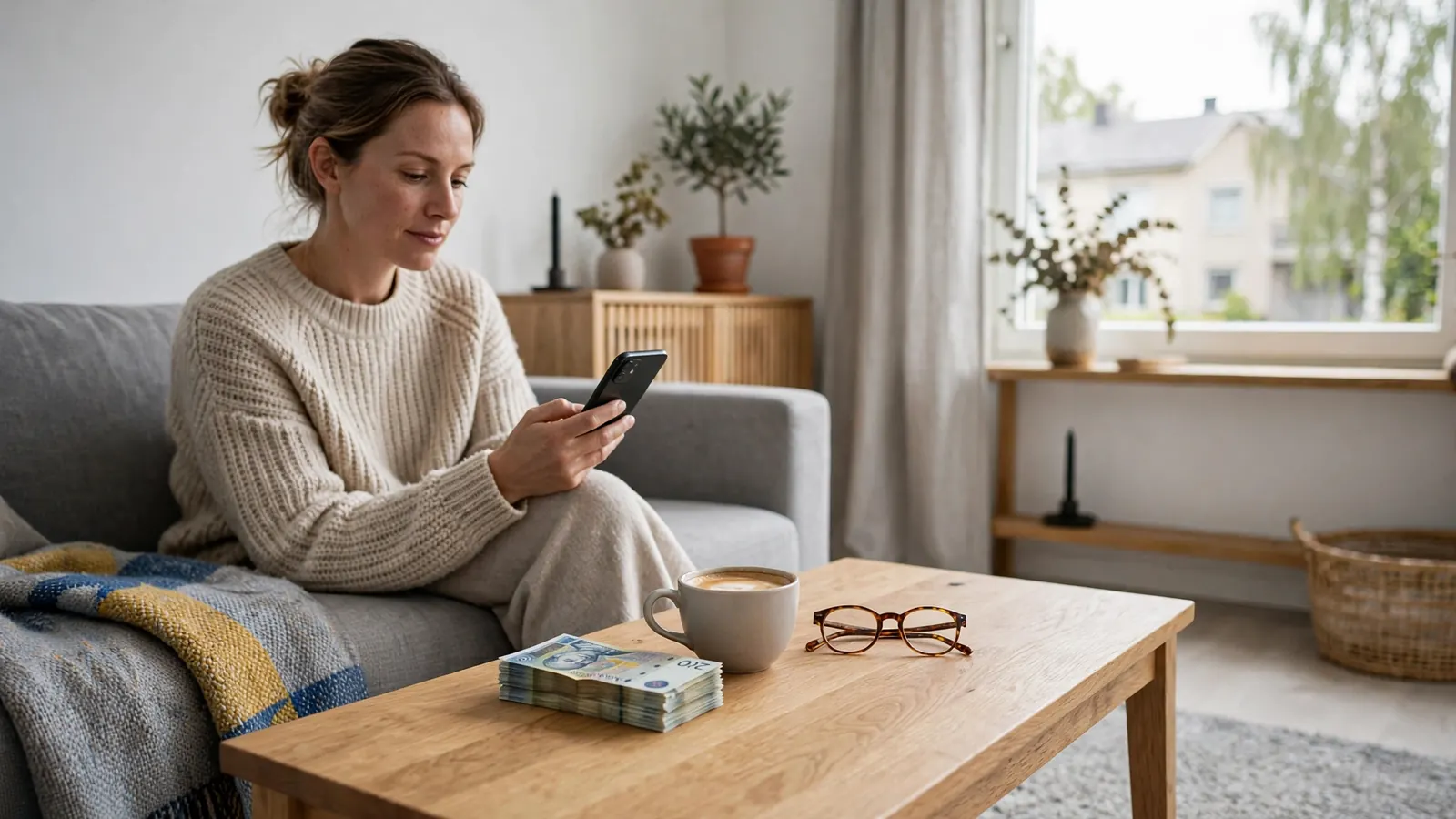 Person i svensk vardagsrum håller mobiltelefon med vänd skärm