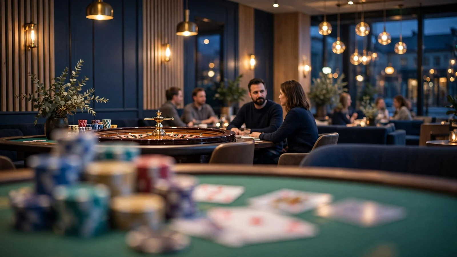 Svensk casinohall med marker och kort på filtbord
