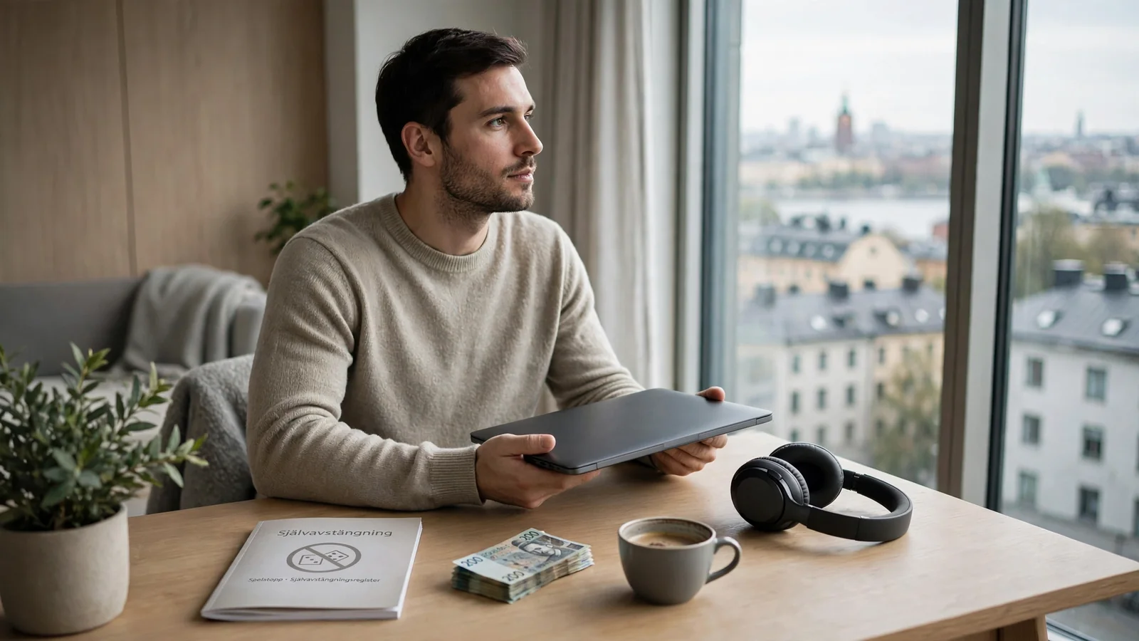 Man i modern svensk lägenhet med stängd laptop, sedlar och informationshäfte om ansvarsfullt spelande