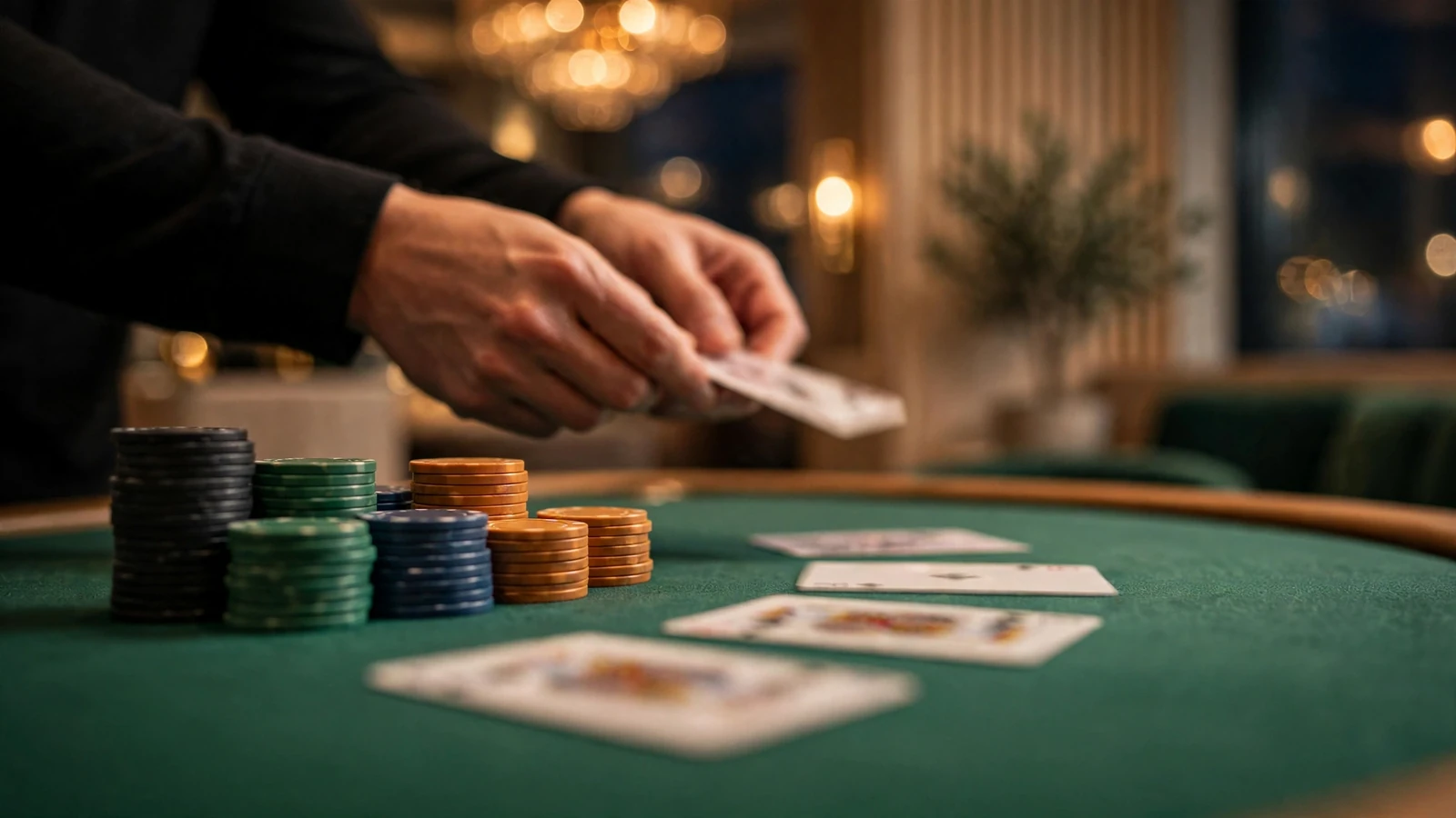 Blackjack-bord med marker och kort på grönt filttyg i svenskt casino