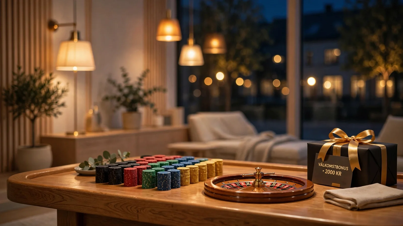 Elegant casinobord med marker och välkomstpresent i gyllene ljus