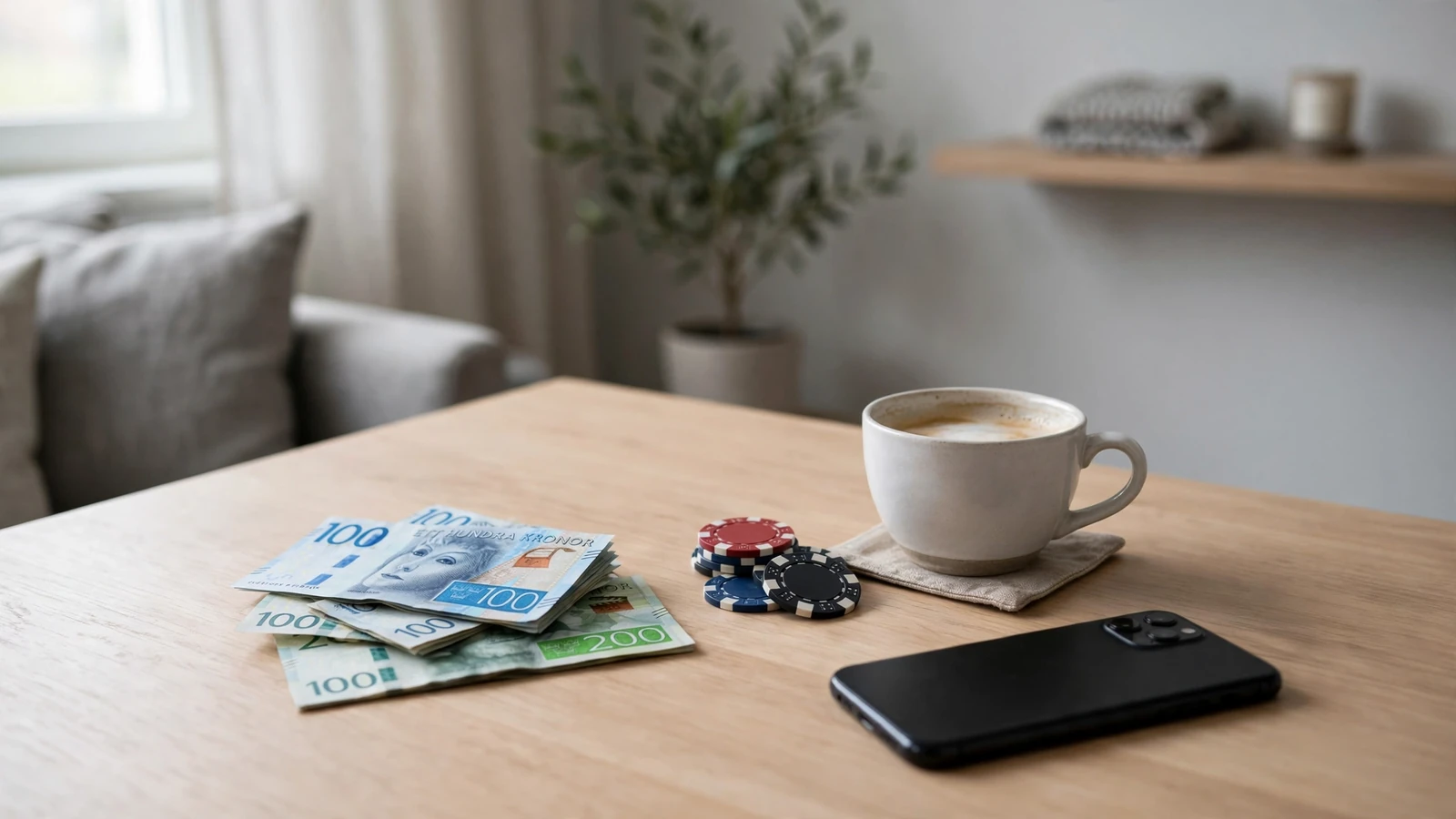 Svensk kronor sedlar och casinotärningar på ett minimalistiskt bord