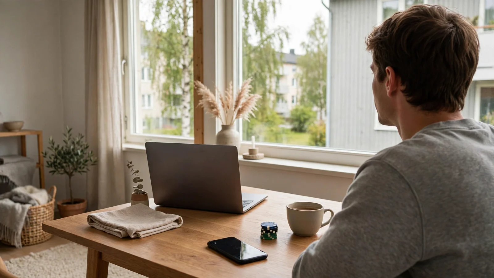 Man vid bord med casinofigurer och telefon i svensk lägenhet