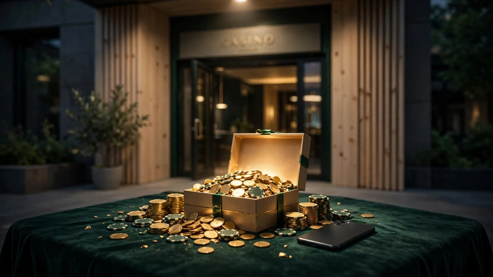 Ett välkomstpresent med casinomarker och guldmynt på ett elegant bord