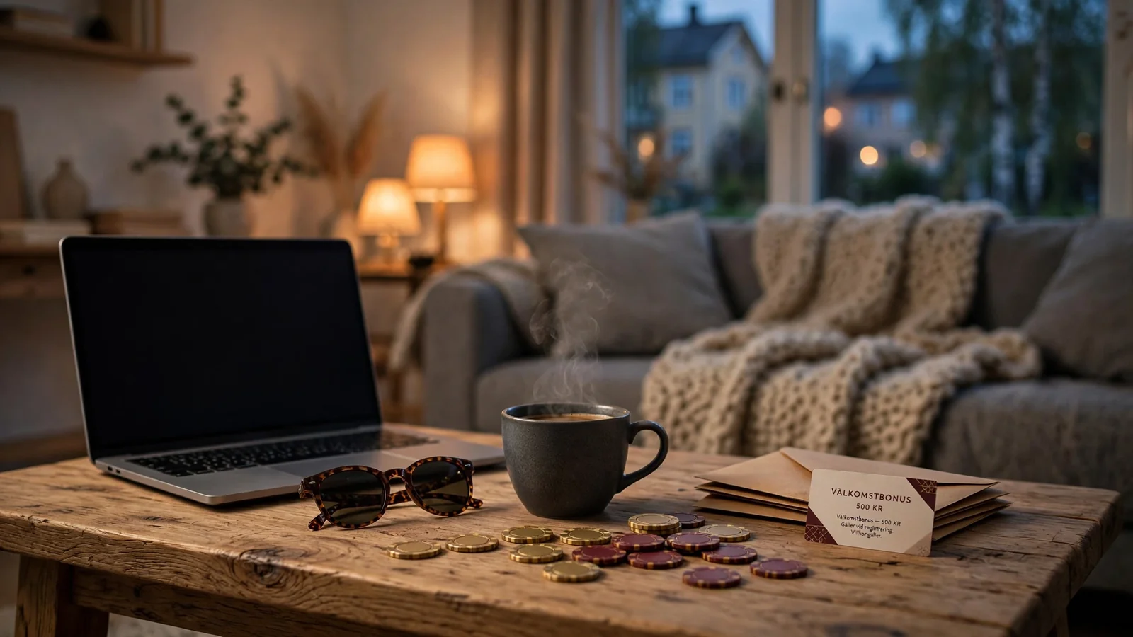 Svensk vardagsrum med laptop, marker och kuvert på bordet