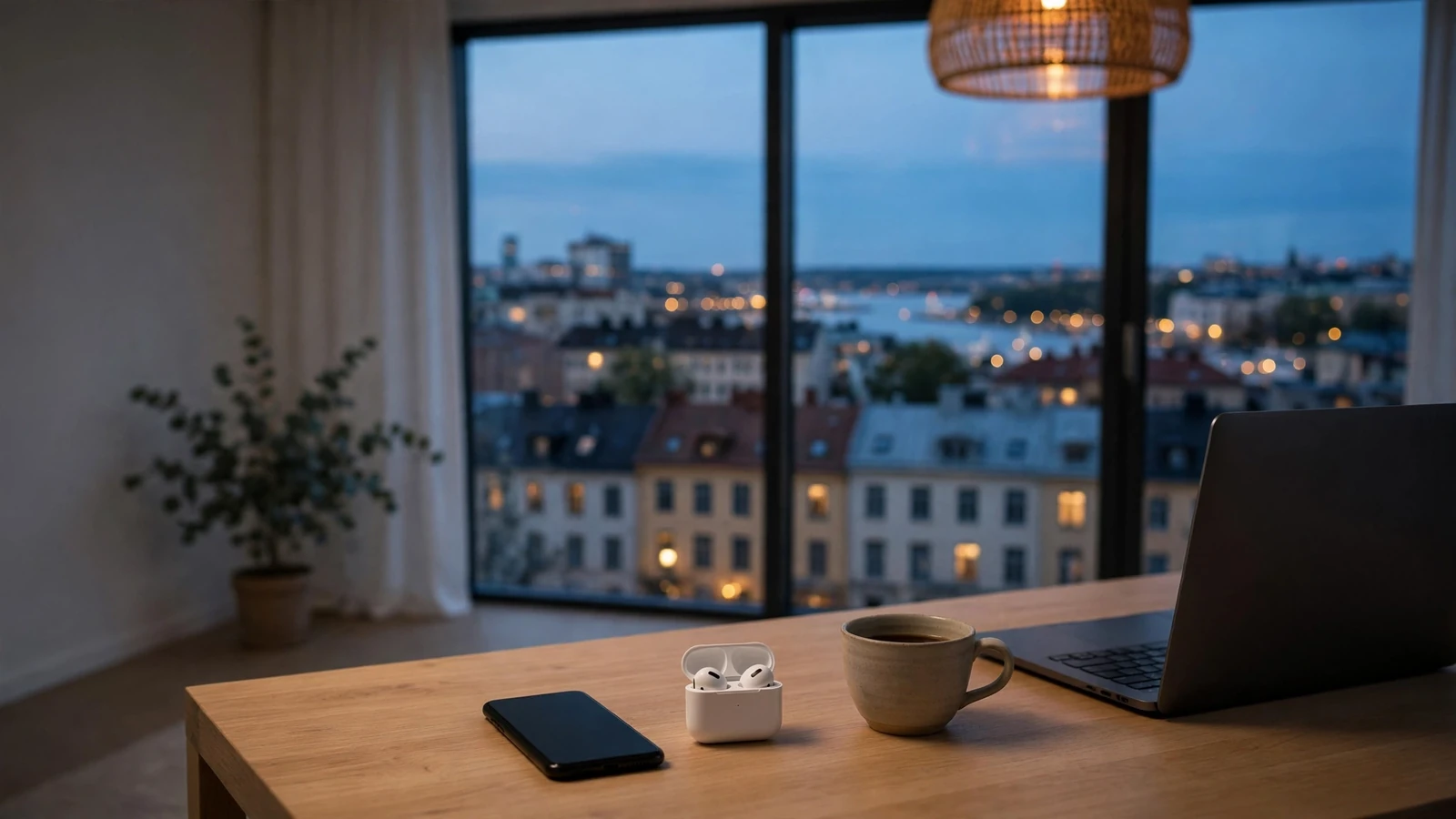 Skandinaviskt skrivbord med nedåtvänd mobiltelefon vid fönster med svensk stadsutsikt