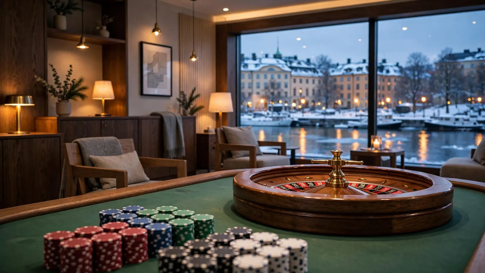 Modernt svenskt casinorum med roulettebord och pokerchips mot vinterutsikt över Stockholm.
