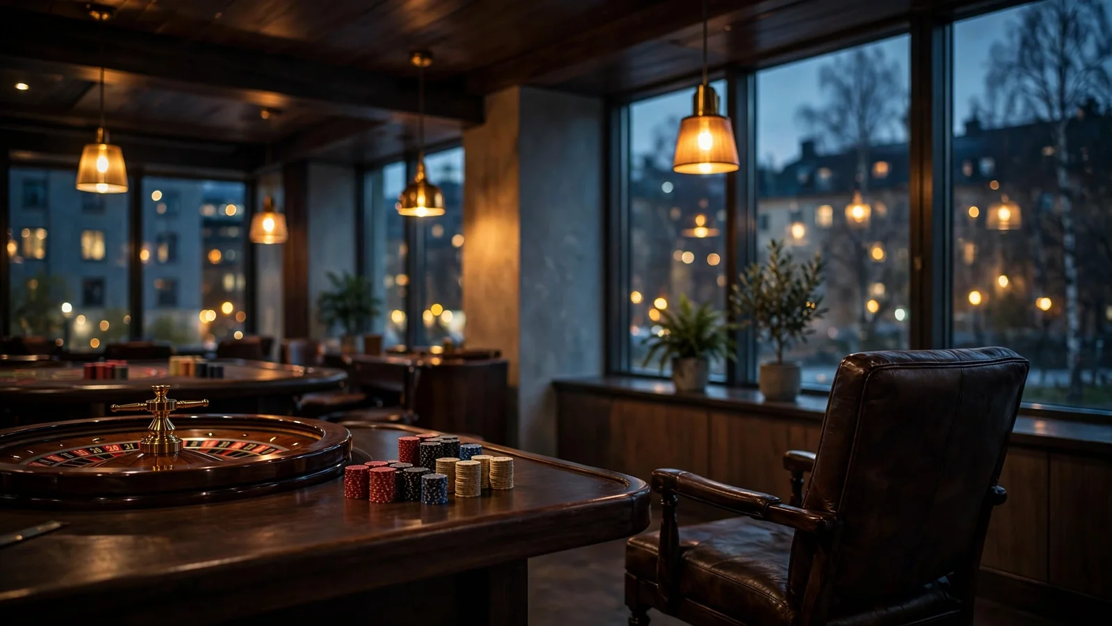 Tomt svenskt casinorum med marker och rouletthjul i dämpat ljus