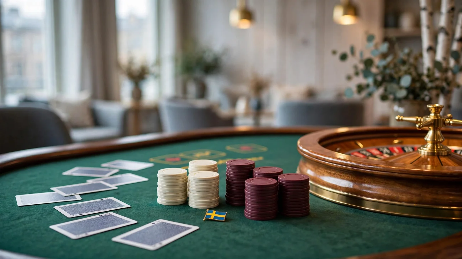 Elegant svenskt casinobord med roulettehjul, marker och en svensk flagga