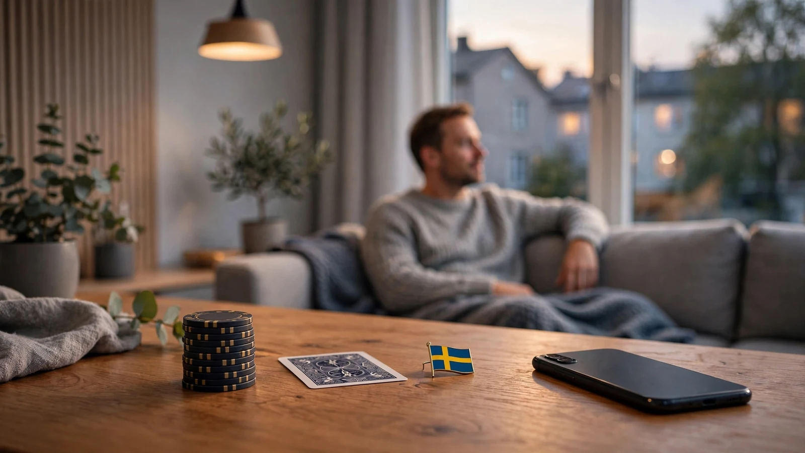 Casinochips och ett telefoner på ett bord i en modern svensk lägenhet