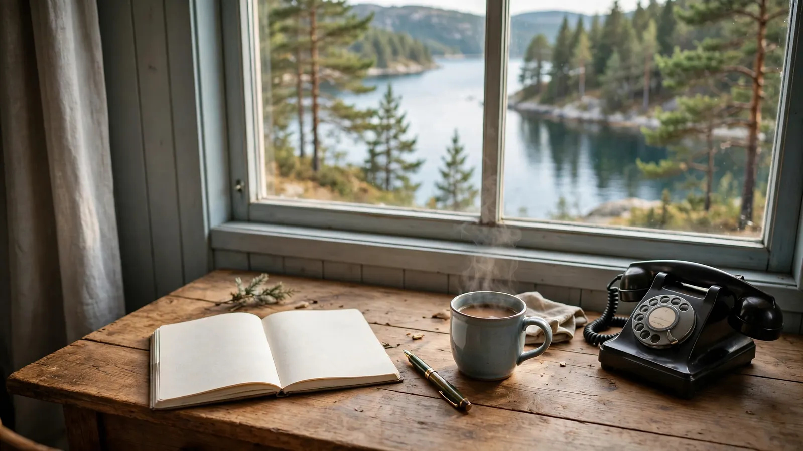 Skrivbord vid fönster med anteckningsbok, penna och kaffekopp mot svensk natur