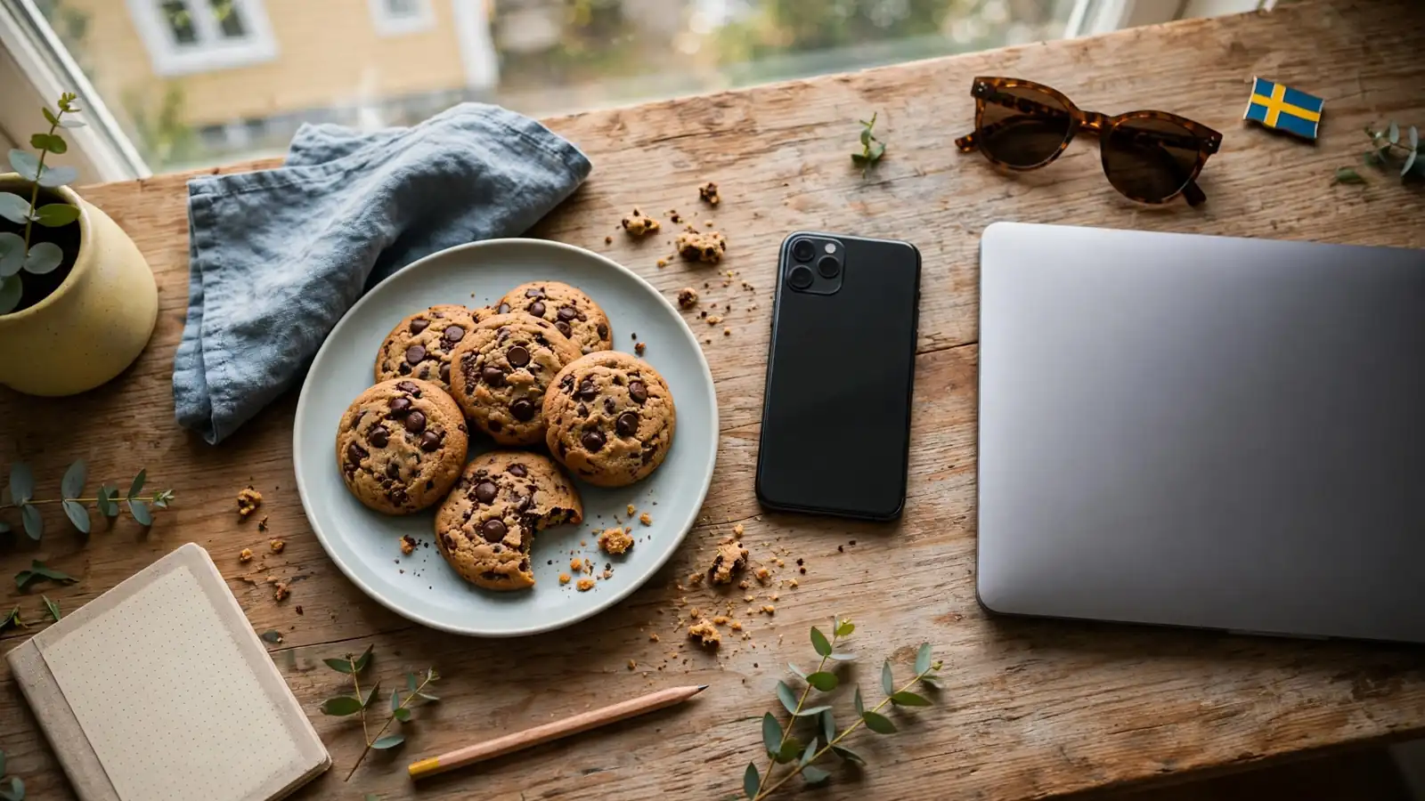 Chocolate chip cookies på ett skrivbord bredvid en telefon och laptop.