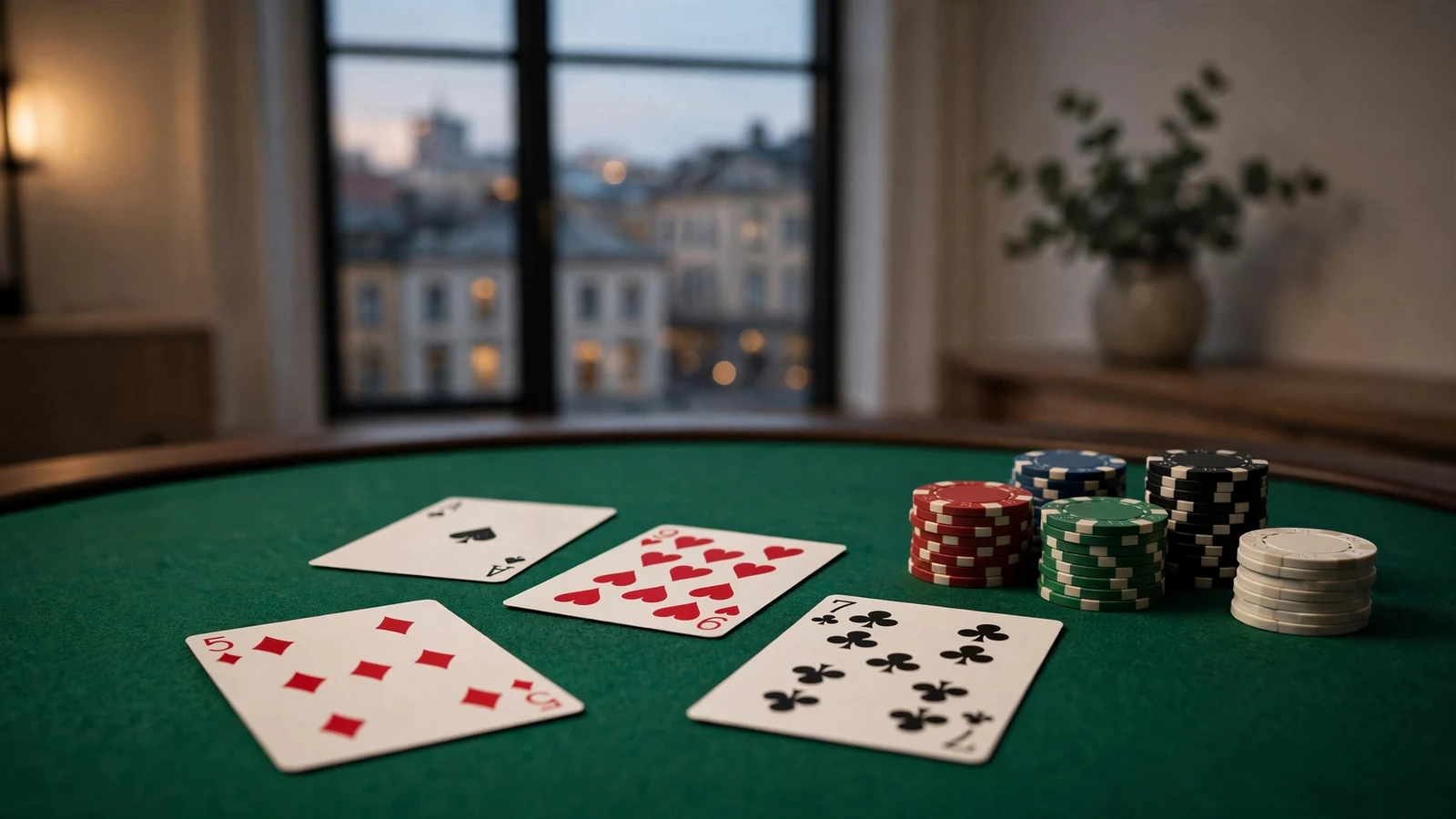 Blackjackbord med kort och marker i elegant svensk casinomiljö
