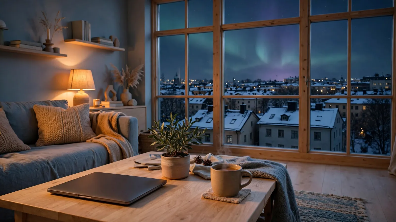 Modernt skandinaviskt vardagsrum med stängd laptop och vinterutsikt över Stockholm