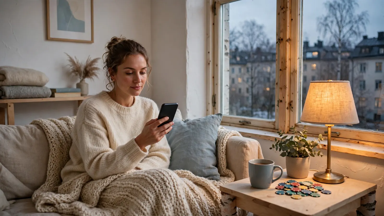 Svensk spelare med mobiltelefon i mysig vinterinteriör och casinomarkeringar