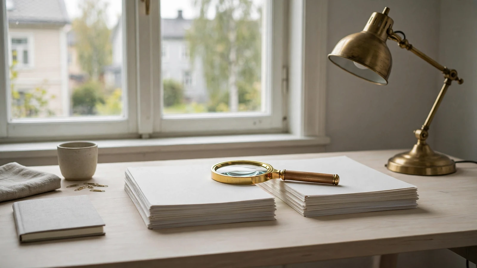 Skrivbord med jämförelsedokument och förstoringsglas i dagsljus
