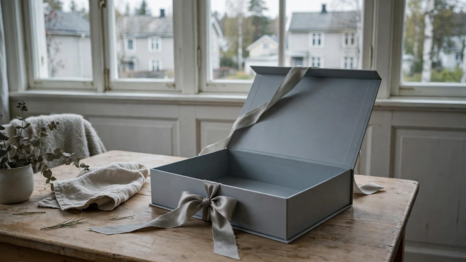 Öppen tom presentbox med band på bordet