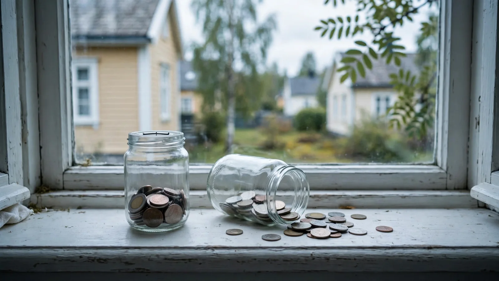 Två myntburkar i fönster, en för insättning och en vänd