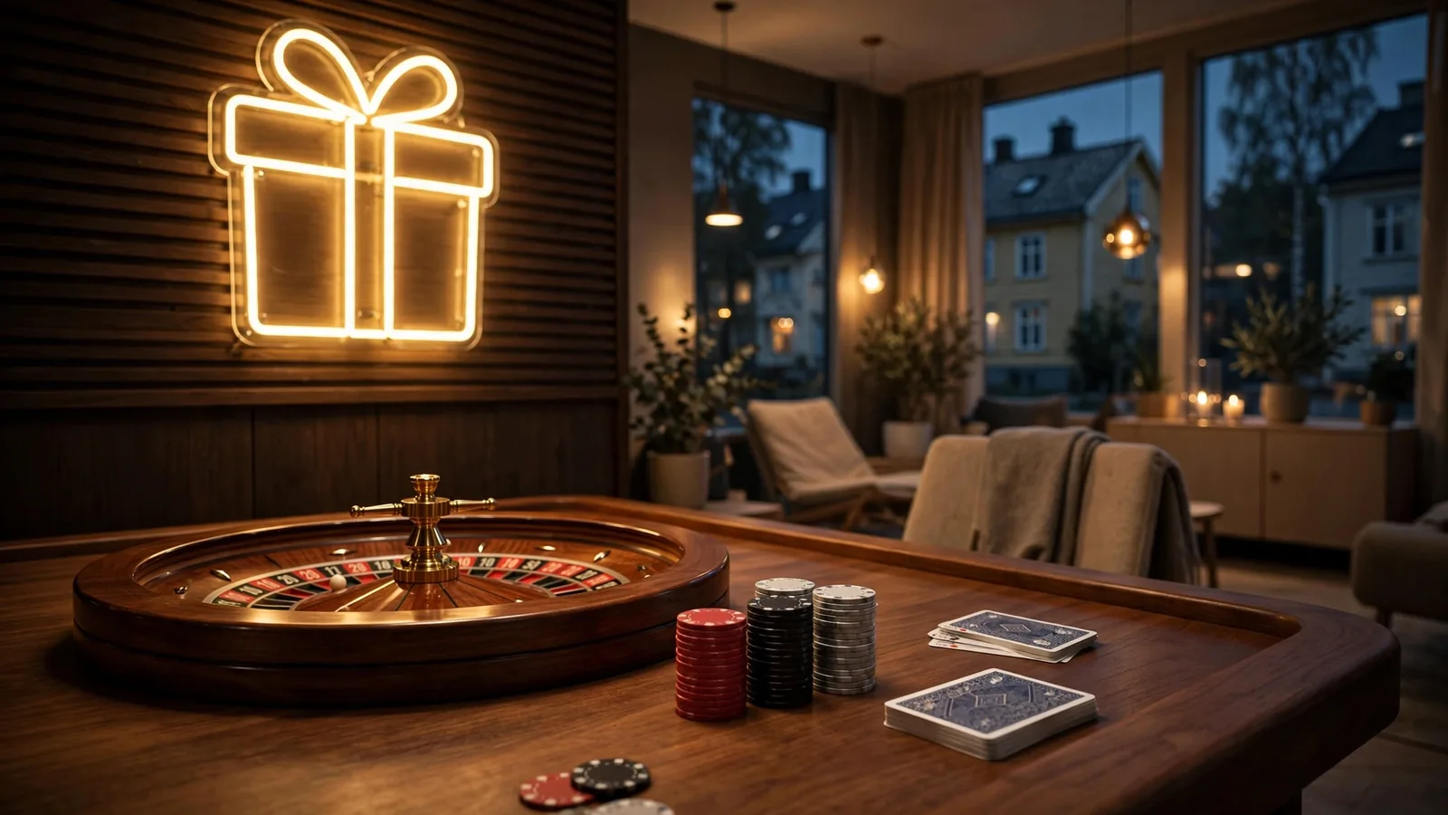 Stilrent svenskt kasinolounge med roulettebord och bonus-skylt
