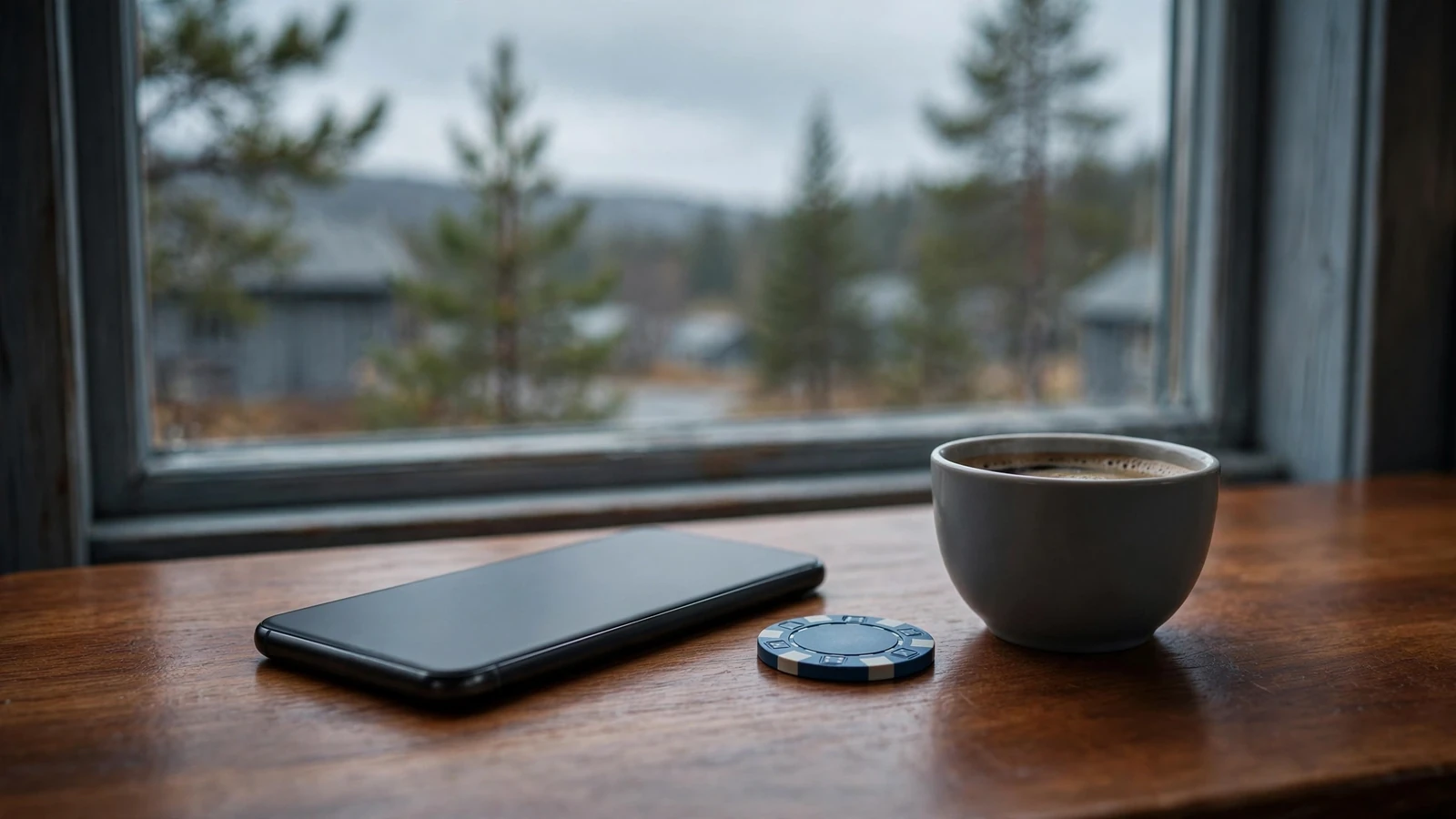 Smartphone, casinotopp och kaffekopp på ett nordiskt bord