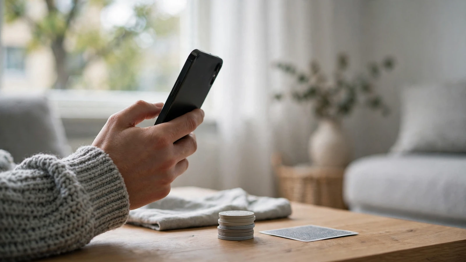 Hand som håller en smartphone i ett modernt svenskt vardagsrum med casinotillbehör på bordet