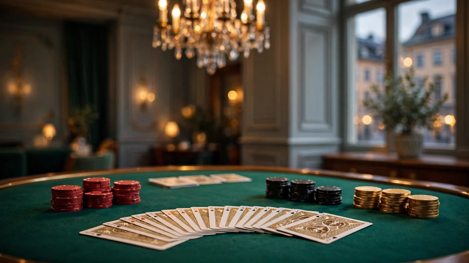 Elegant casinobord med kortlek och marker i varm belysning