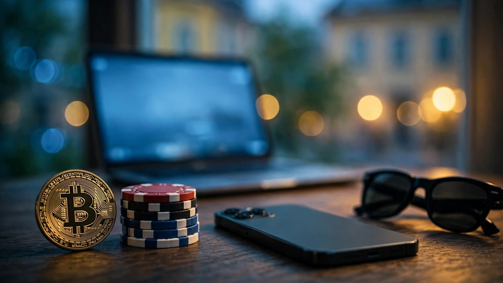 Kryptovaluta mynt och casinofigurer på ett skrivbord