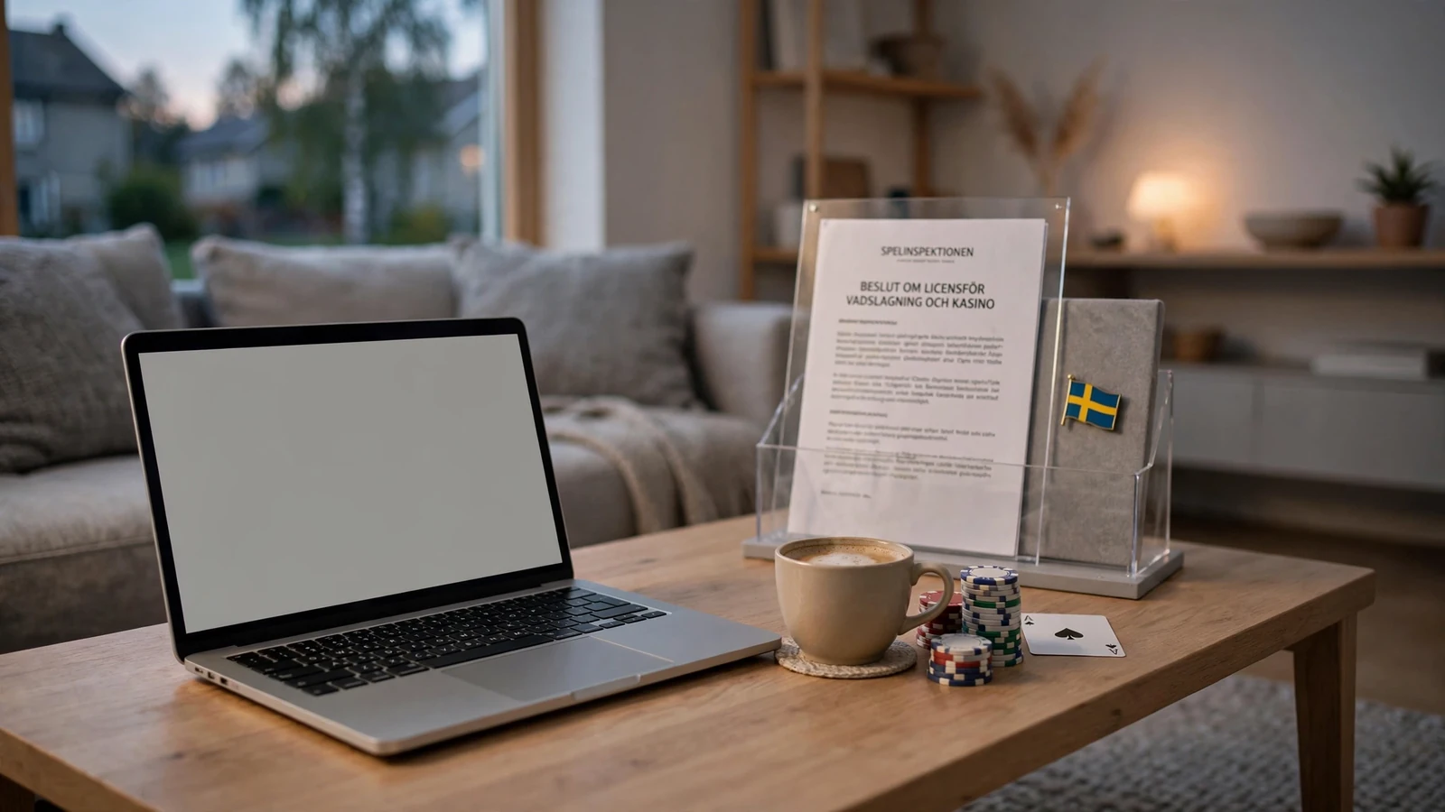 Svensk vardagsrum med laptop, spelmarker och dokument om spellicens