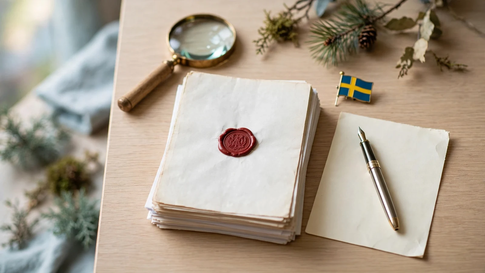 Juridiska dokument, reservoarpenna och svensk flagga på skrivbord