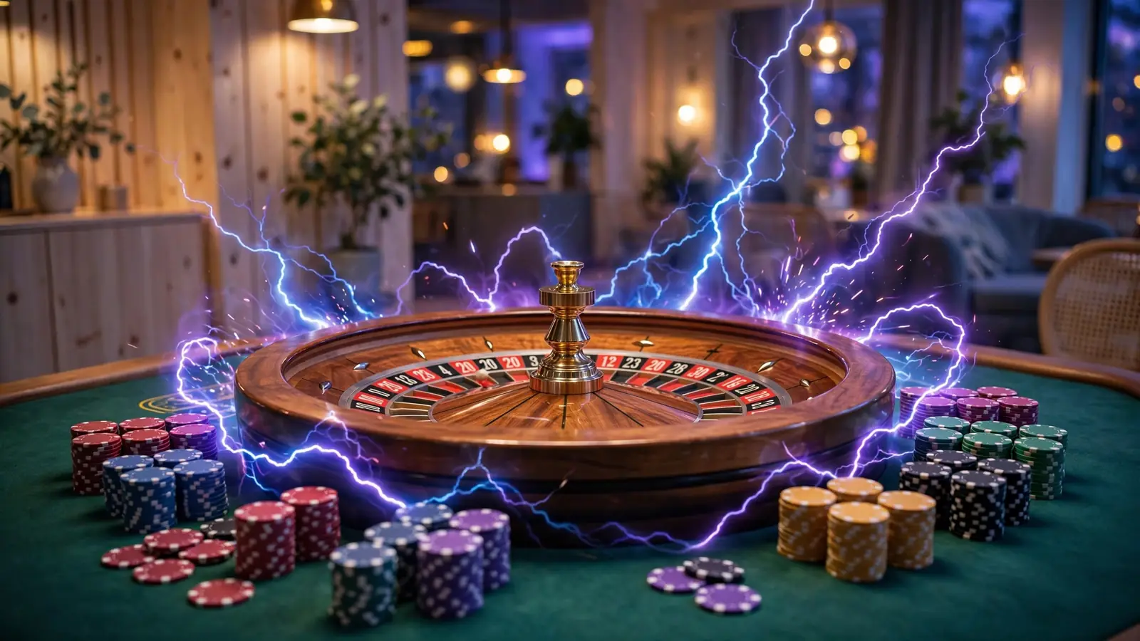 Elegant roulettehjul med färgglada casinomarker och dramatisk belysning i modern casinomiljö.