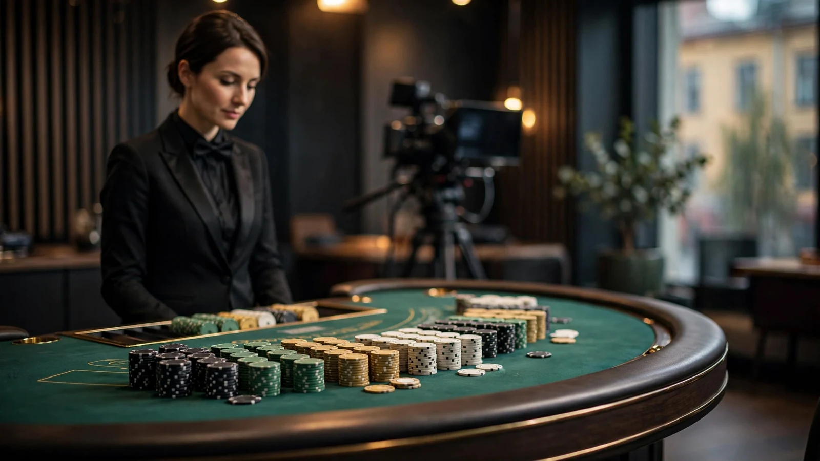 Professionell liveblackjack-dealer vid grönt bord med marker i studio