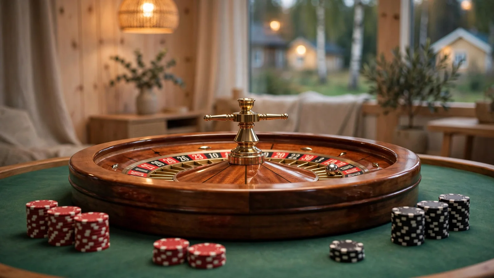 Roulettehjul på grönt casino-bord med insatsmarkörer och belysning