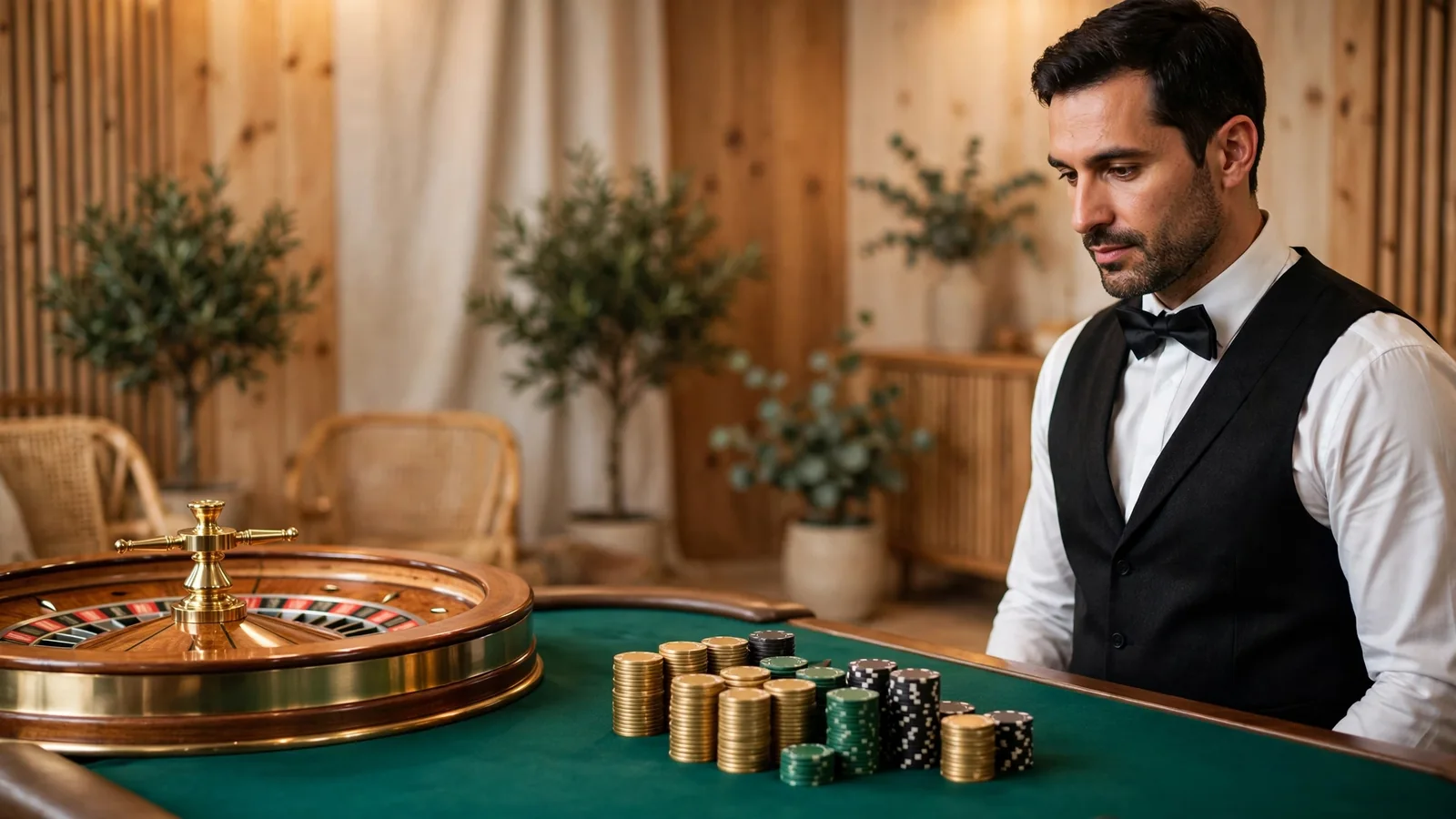 Professionell livecasinodealer vid ett blackjackbord i en elegant studio