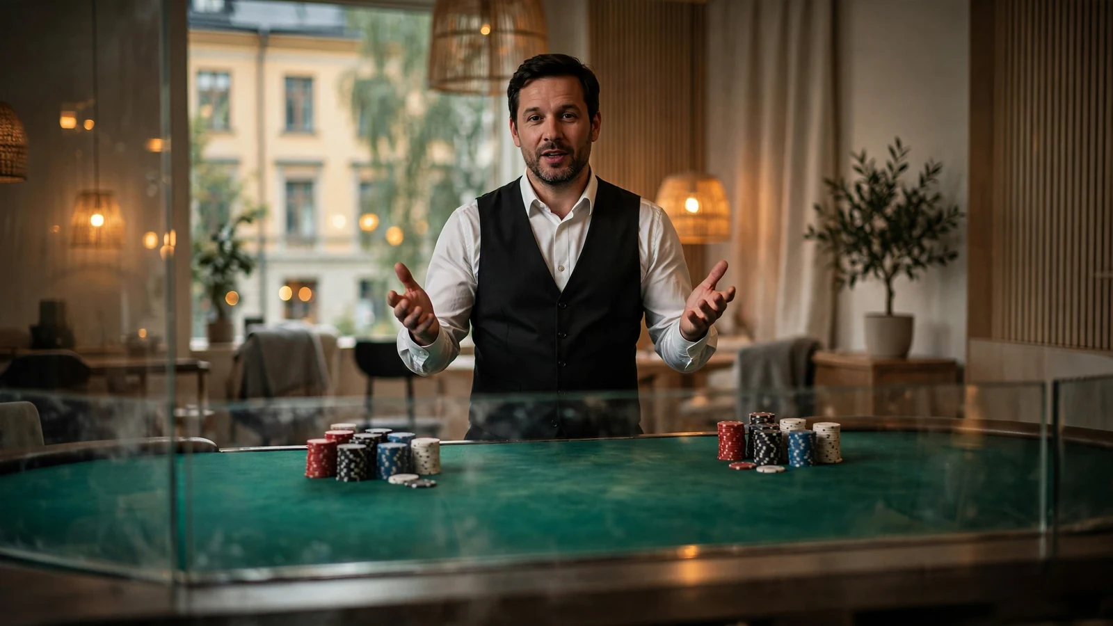 Live dealer i studio som leder ett blackjackbord