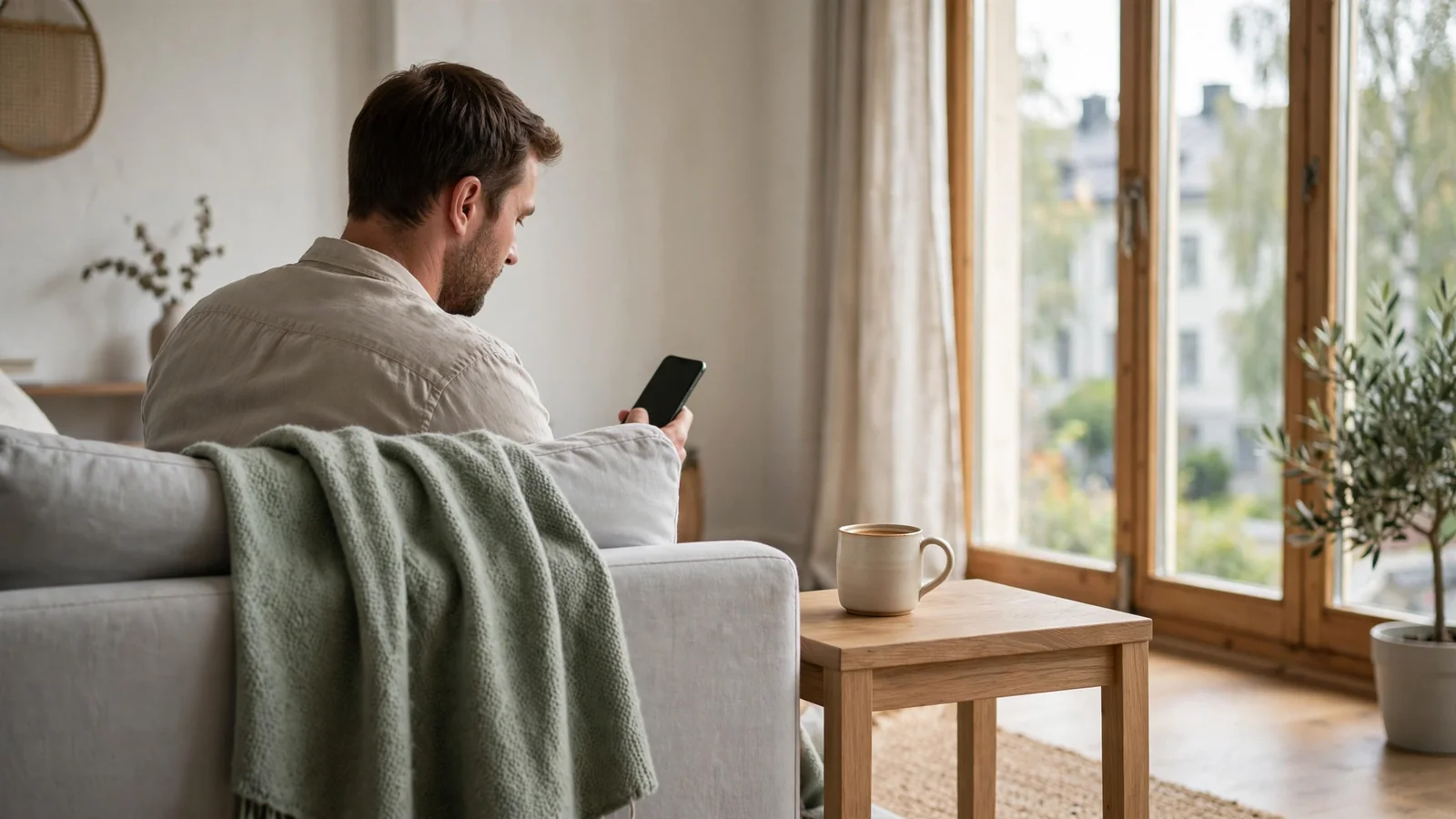 Person med mobiltelefon i ljus skandinavisk vardagsrumsmiljö, varm och avslappnad atmosfär.