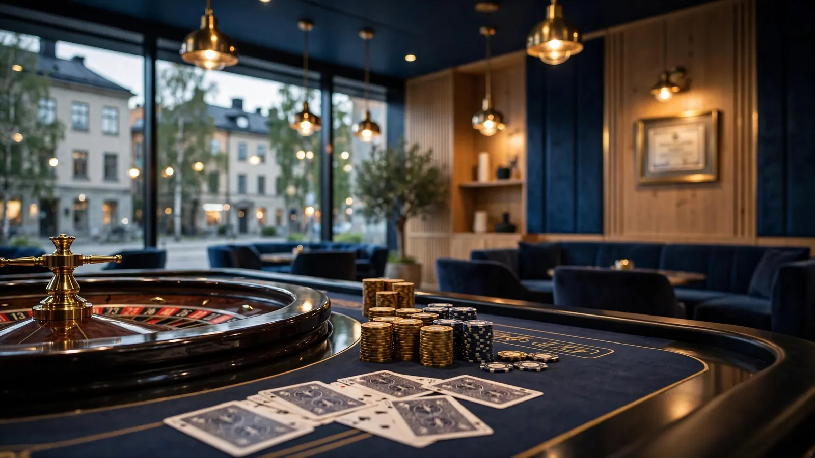 Modernt skandinaviskt casinogolv med elegant belysning och roulettbord