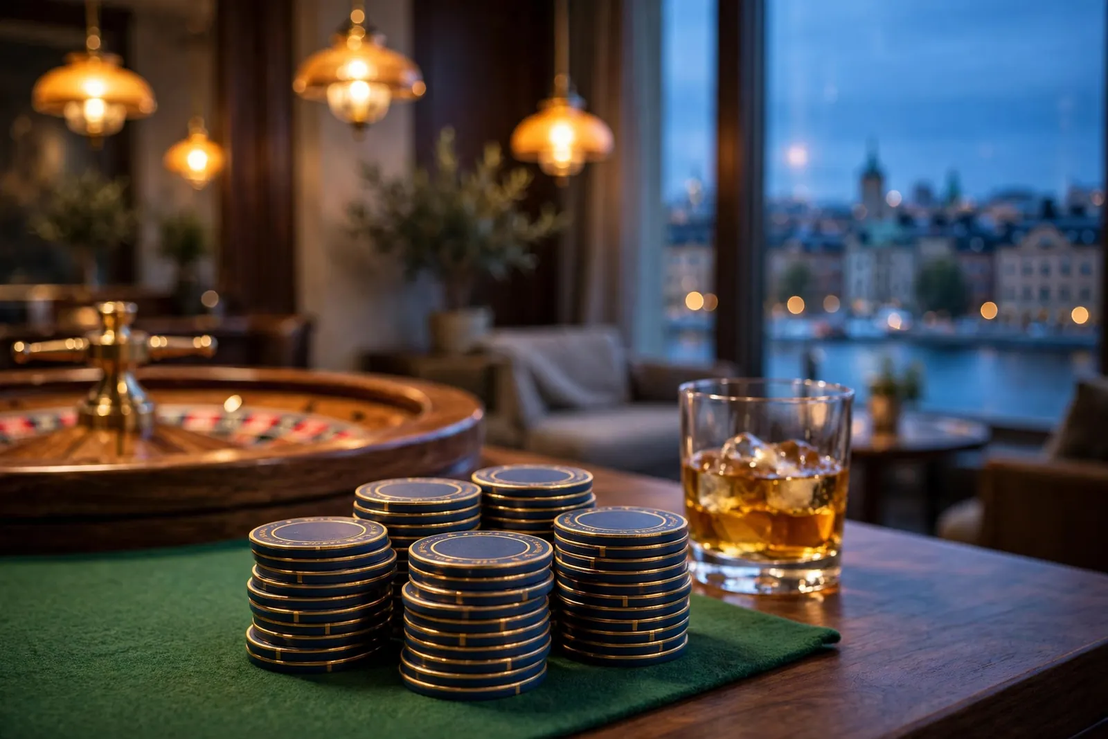 Casinofiler och roulettehjul i en skandinavisk lounge i skymningsljus
