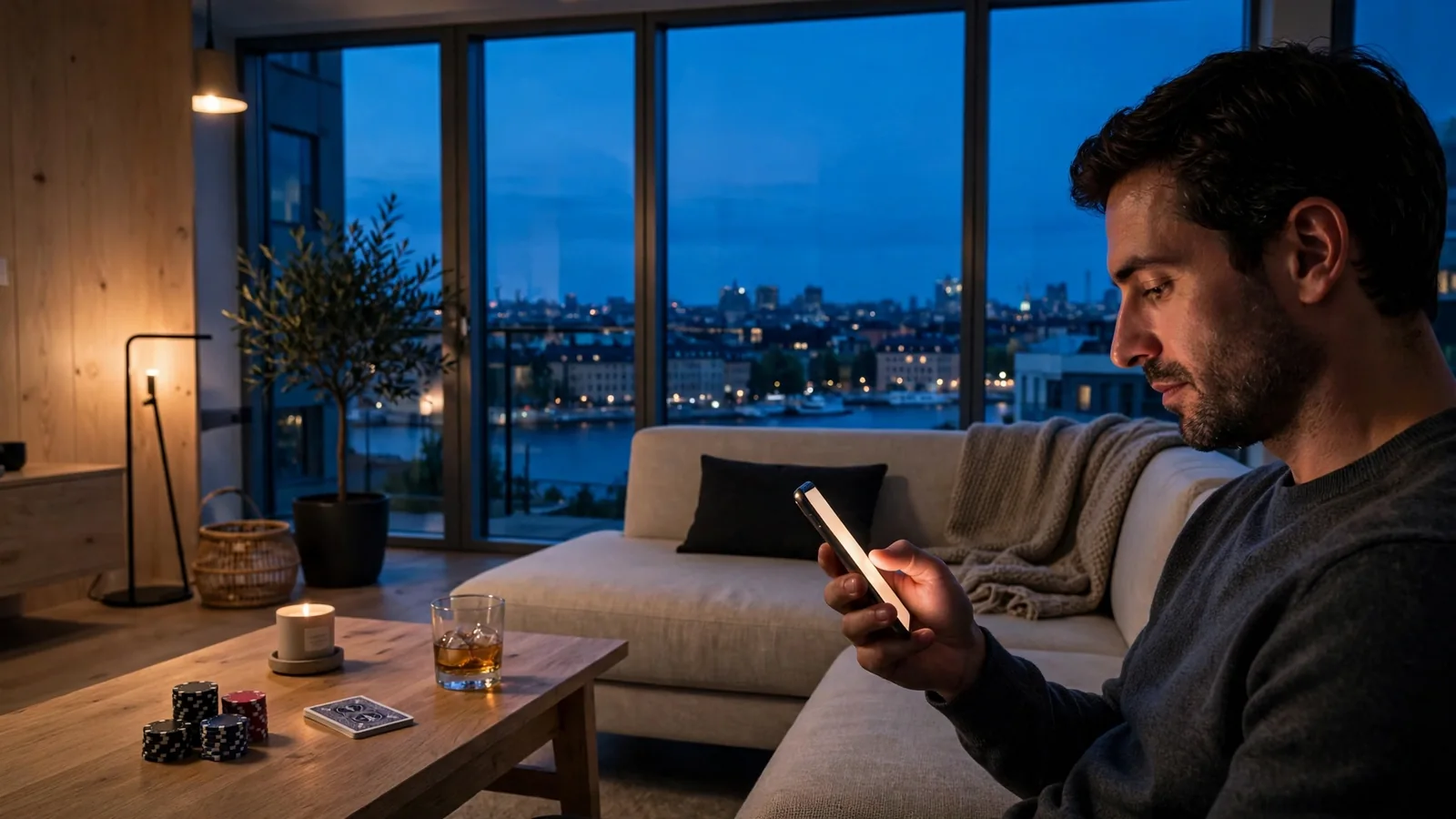 Person i modern svensk lägenhet vid skymning med smartphone och casinotillbehör på bordet